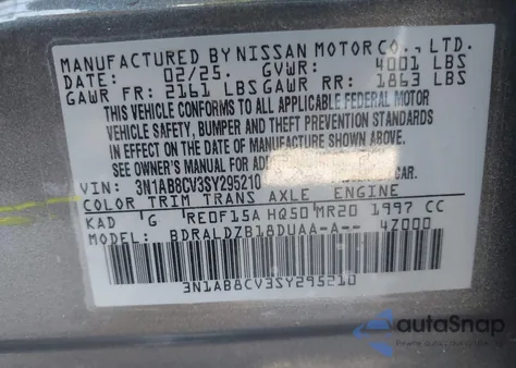 2025 Nissan Sentra Sv z USA, uszkodzony, nr VIN 3N1AB8CV3SY295210
